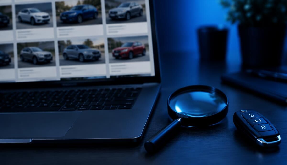 Laptop showing car listings with a magnifying glass and car key