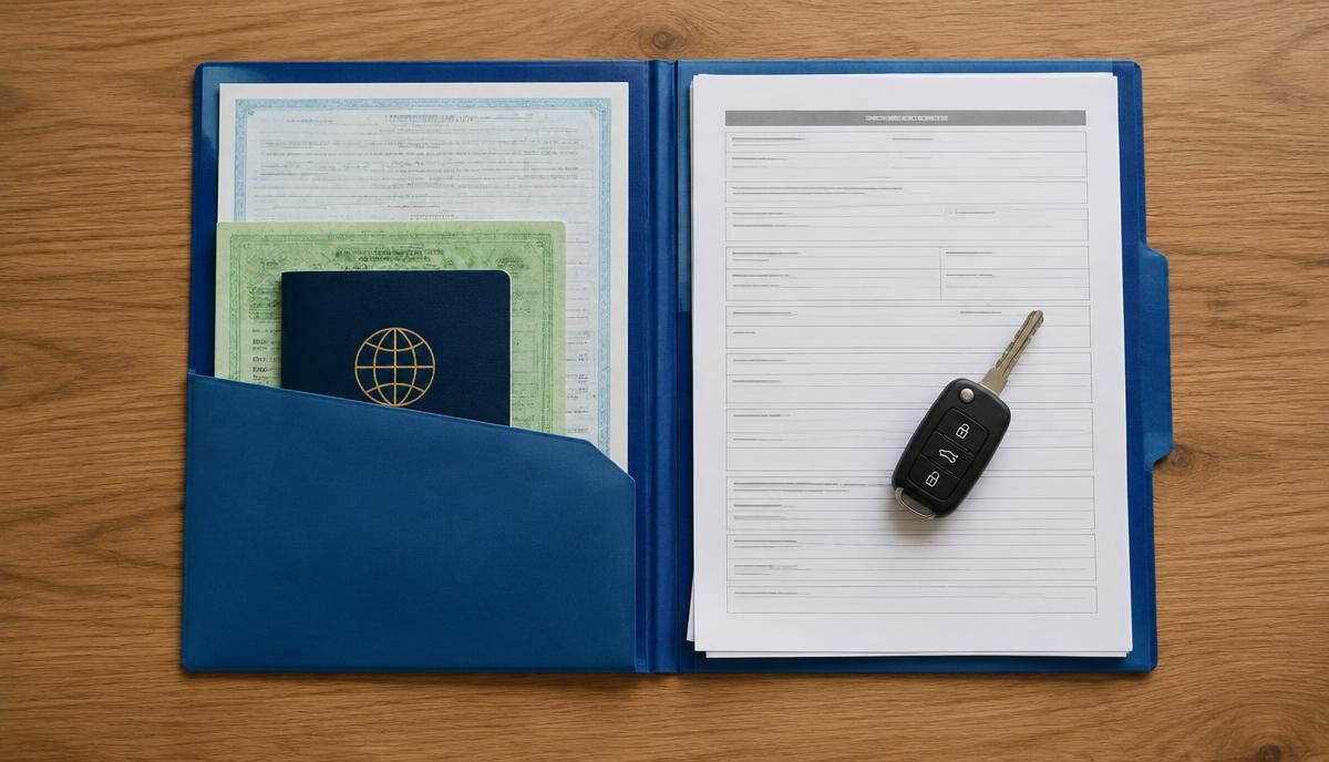 Folder with registration, bill of sale, passport and car key