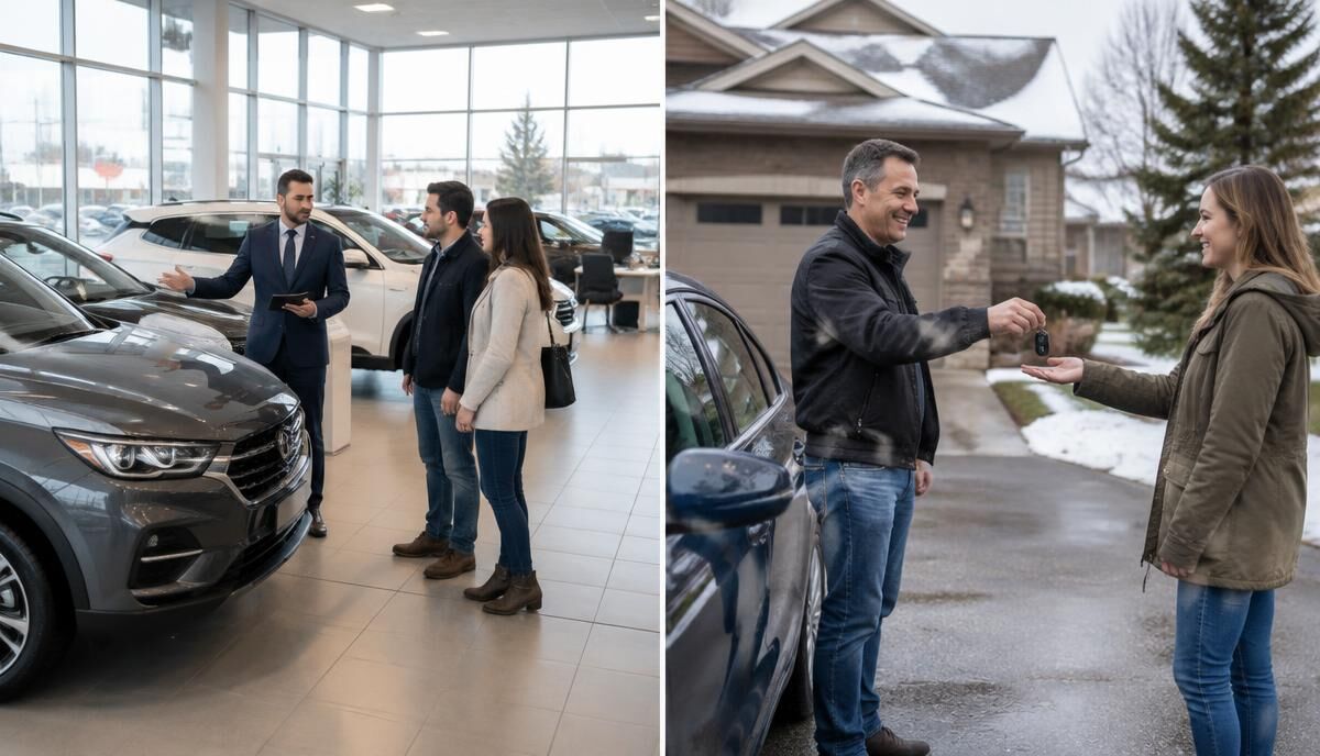 Concessionnaire automobile à gauche, vendeur particulier remettant les clés à droite
