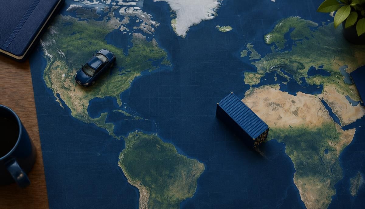World map with a toy car and a container between Canada and West Africa