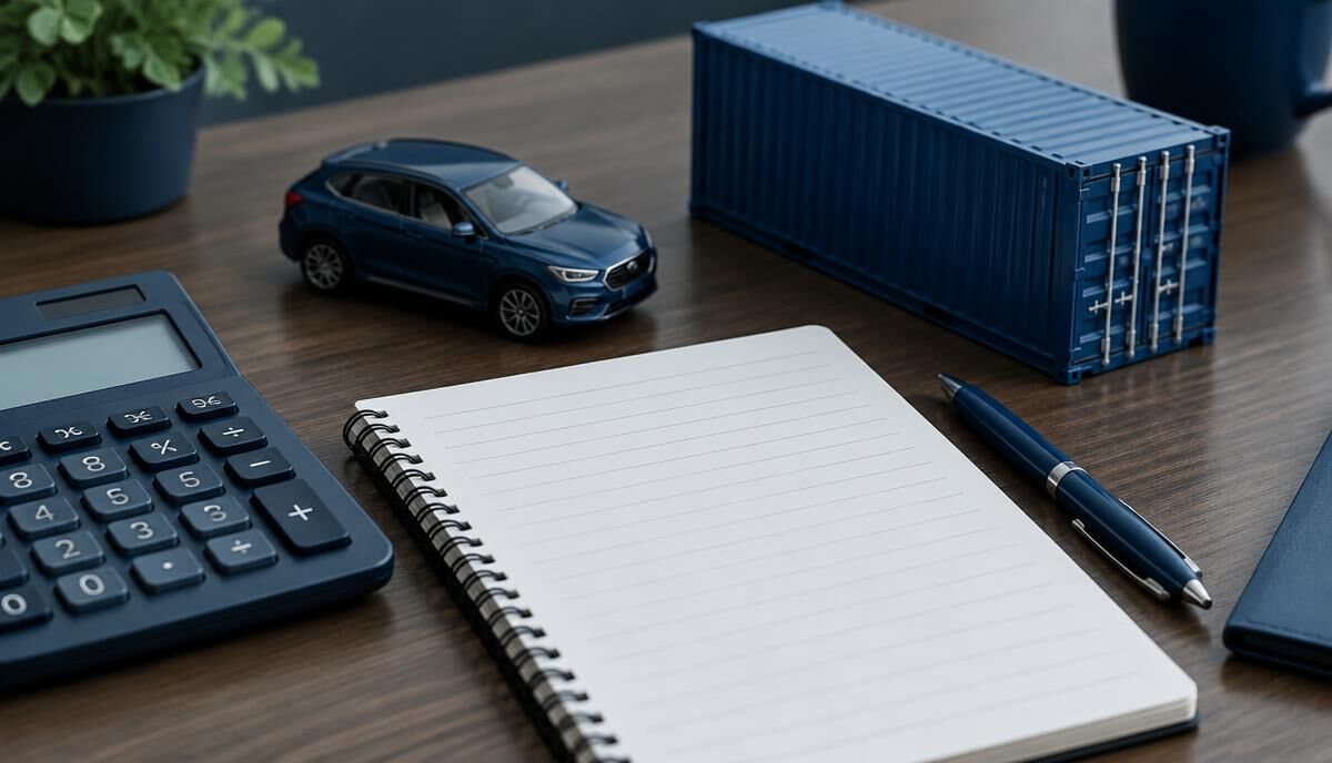 Calculator, notebook, toy car and container for estimating shipping cost