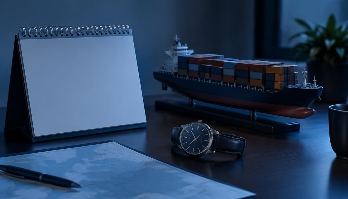 Calendar, watch and model container ship for planning the shipment