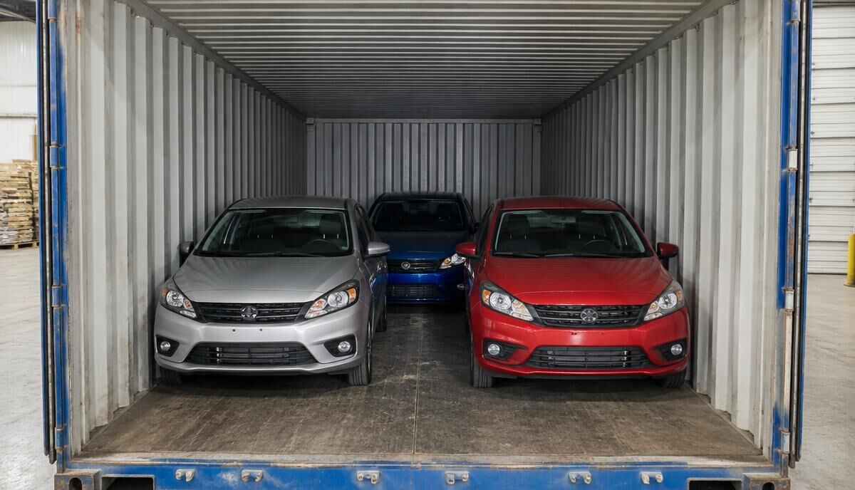 Three cars consolidated inside a 40-foot shipping container