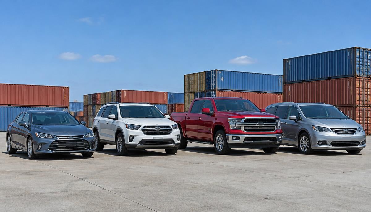Sedan, SUV, pickup and minivan lined up in front of containers
