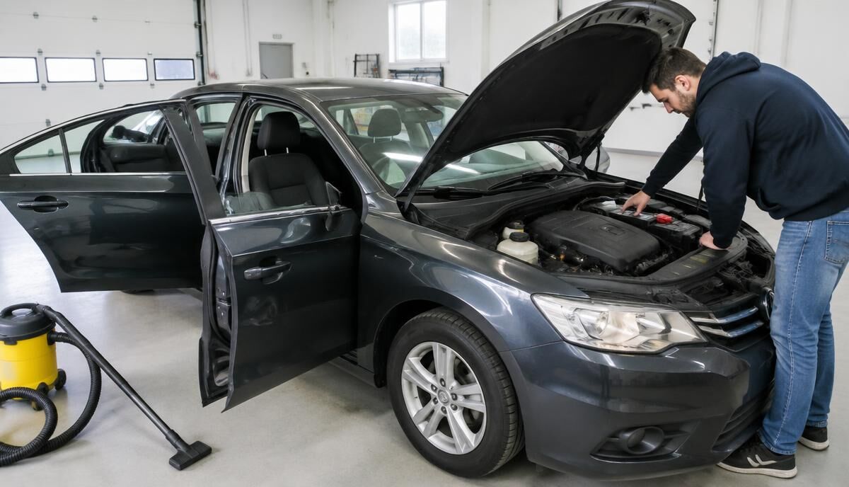 Préparation d'une voiture avant expédition : intérieur vidé et vérification sous le capot