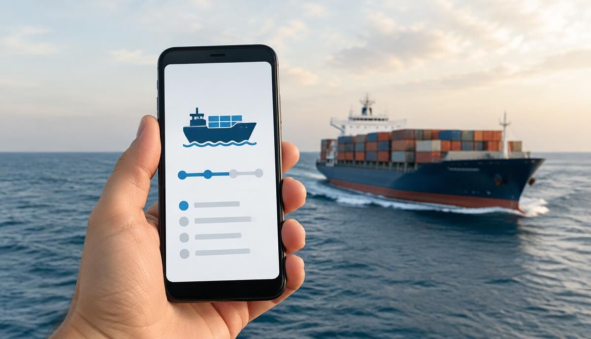Tracking a shipment on a phone with a container ship at sea