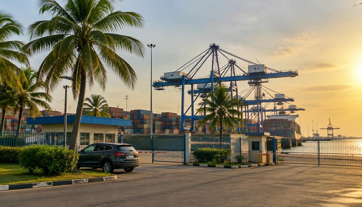 Tropical container port gate with cranes and palm trees, as in Lomé