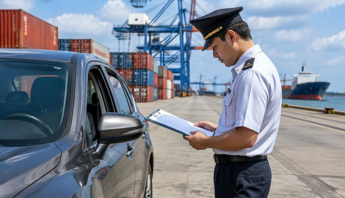 Officer checking an imported car's paperwork on a port quay