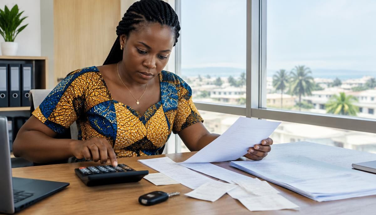 Femme à Lomé calculant les frais d'importation d'une voiture