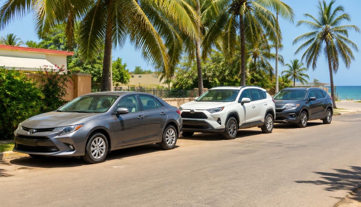 Berline et VUS compacts garés dans une rue bordée de palmiers