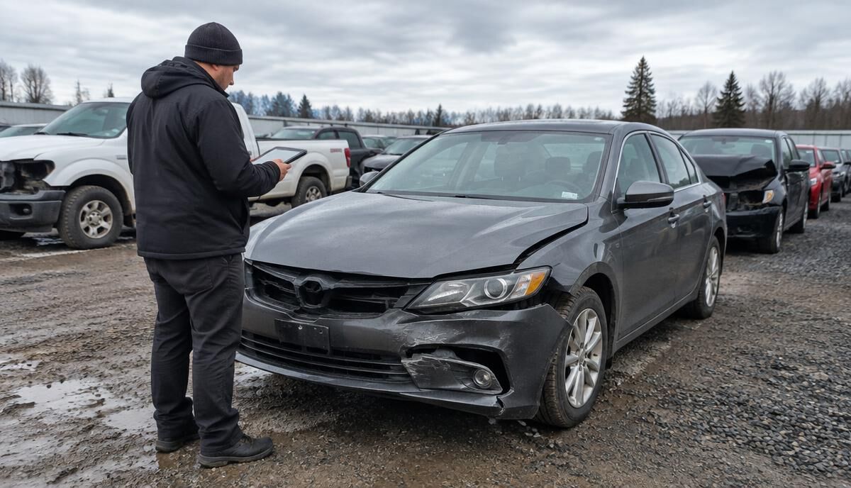Inspecteur examinant une voiture accidentée dans une cour d'encan au Canada