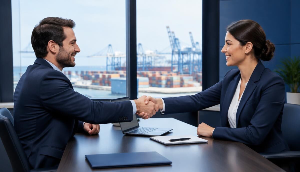 Client and logistics advisor shaking hands with a port view