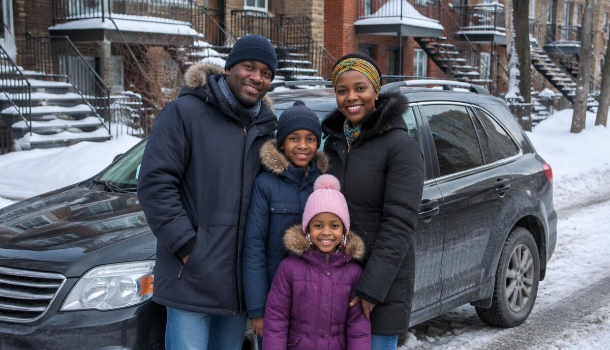 Togolese family in Montreal in winter beside their car