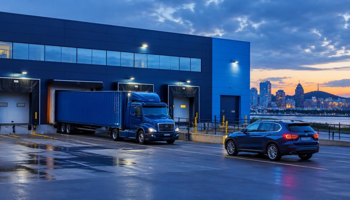 Montreal logistics warehouse with a container truck and a car to load