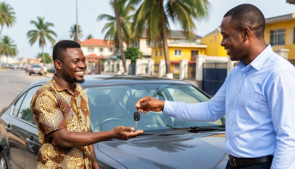 Remise des clés d'une voiture à son propriétaire dans une rue de Lomé