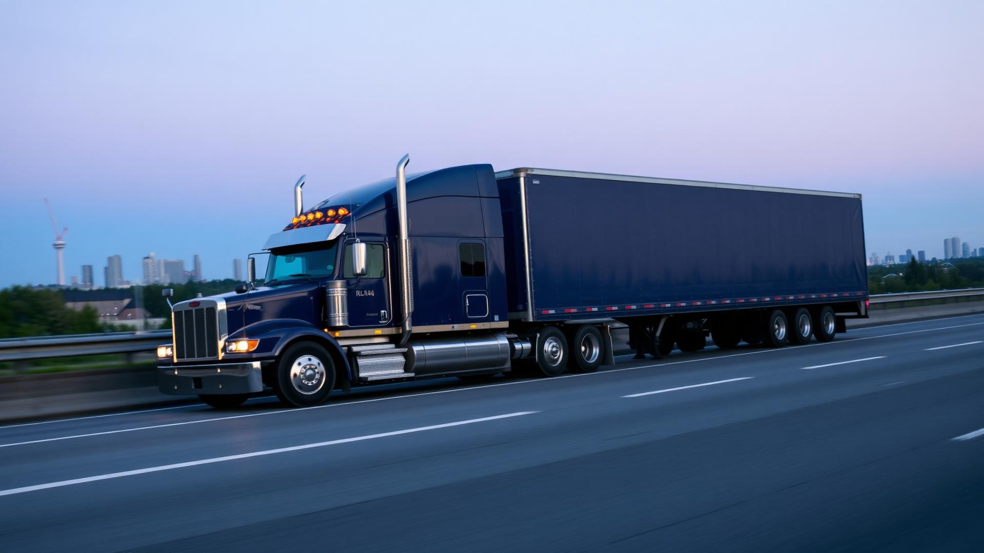 Navy blue semi-truck on a highway near Montreal