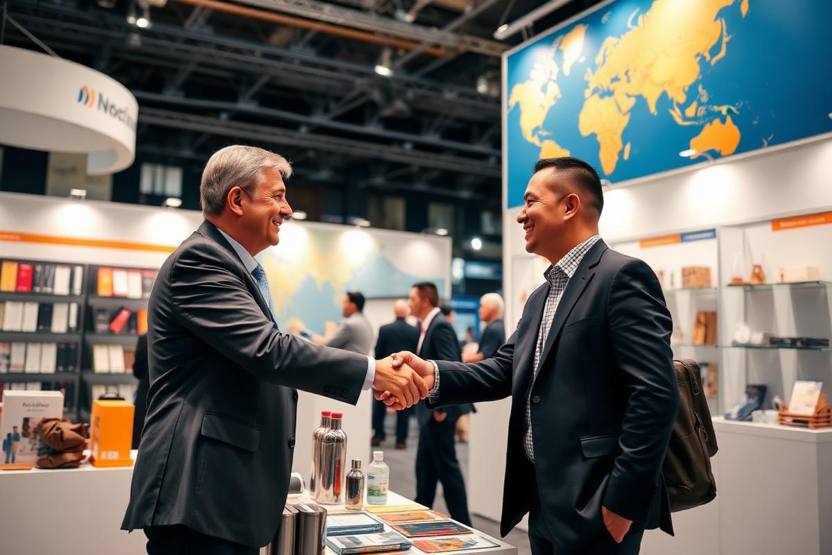 Exporter shaking hands with an international buyer at a trade fair booth
