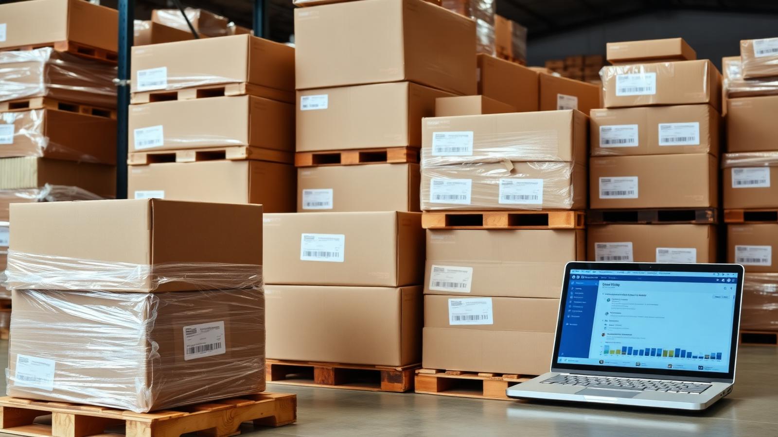 Pallets of wrapped unsold retail merchandise in a warehouse with a laptop