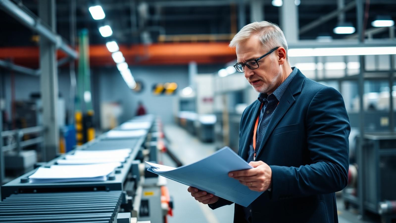 Auditor reviewing supplier documents on an industrial production line